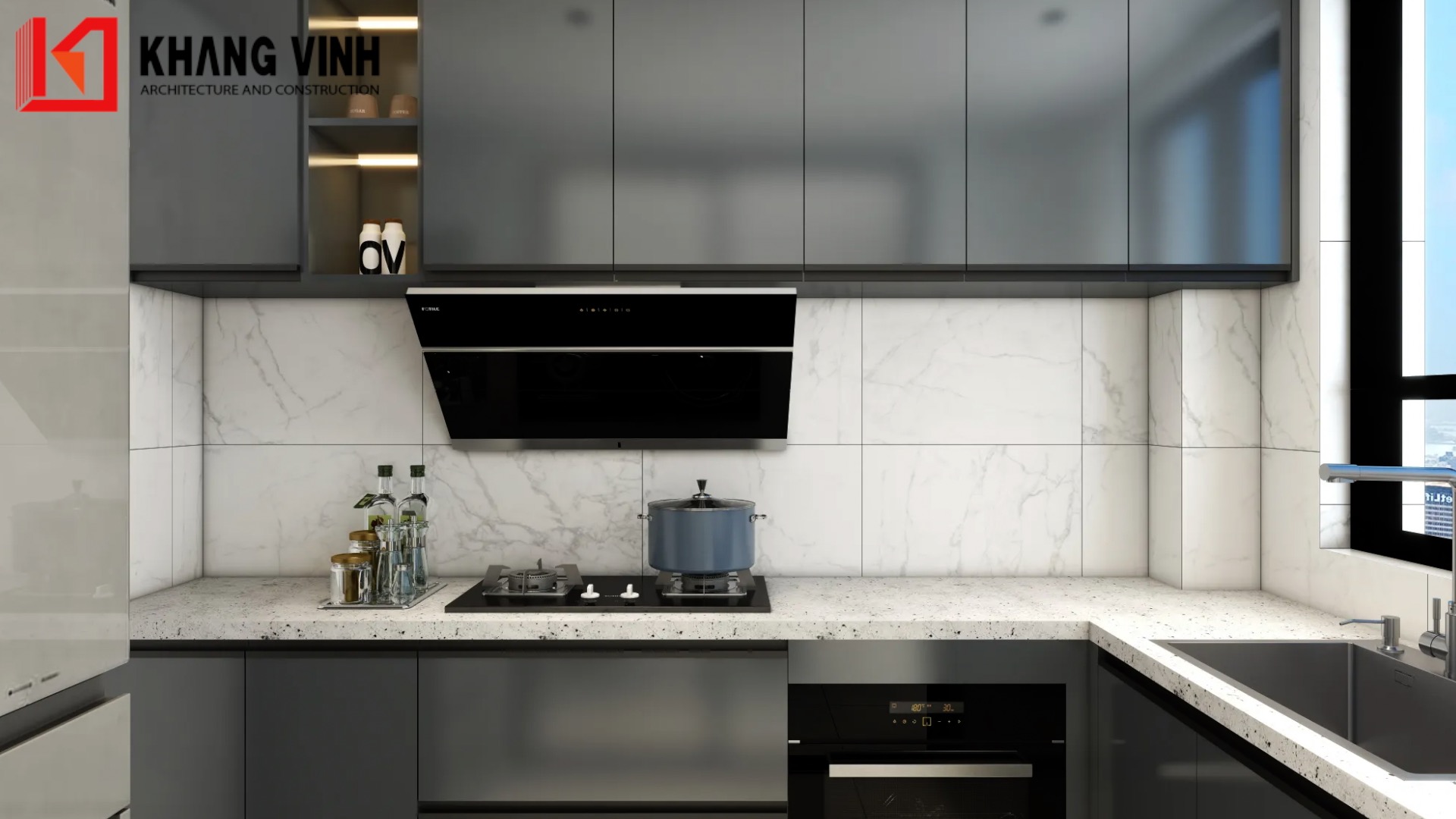 Nội thất phòng bếp hiện đại với hệ bếp xám bóng