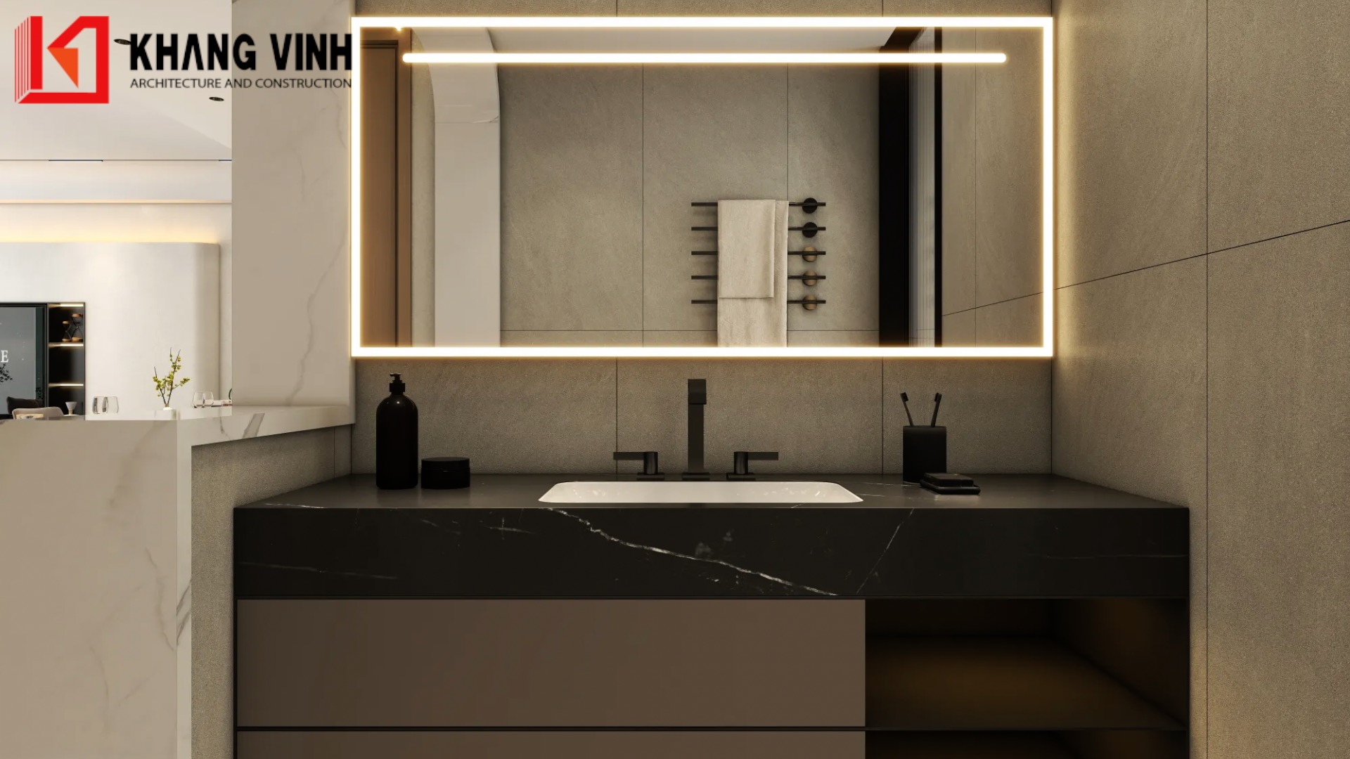 Nội thất phòng toilet hiện đại với gương đèn led cao cấp 