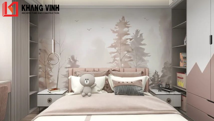 Phòng ngủ bé gái được phủ lên một màu hồng nhạt, bức tường được tô điểm thêm tranh sáng tạo kích thích thị giác của bé