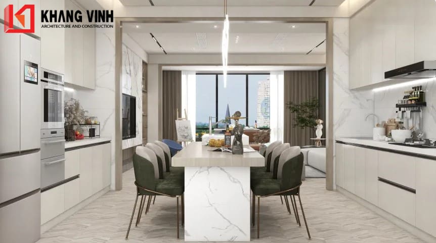 Đá thạch anh Calacatta Classic ứng dụng làm bàn bếp và tường. Màu sắc và những đường vân đá không cầu kỳ, phô trương