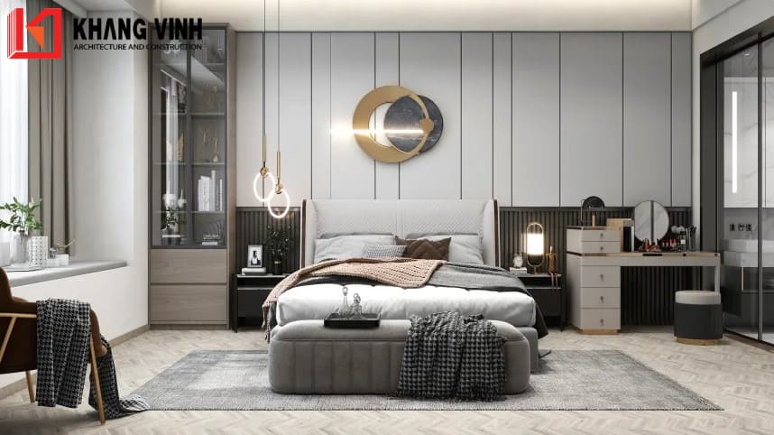 Tủ có cửa kính đem đến vẻ đẹp sang trọng hiện đại cho không gian ngủ với thiết kế đậm chất tối giản