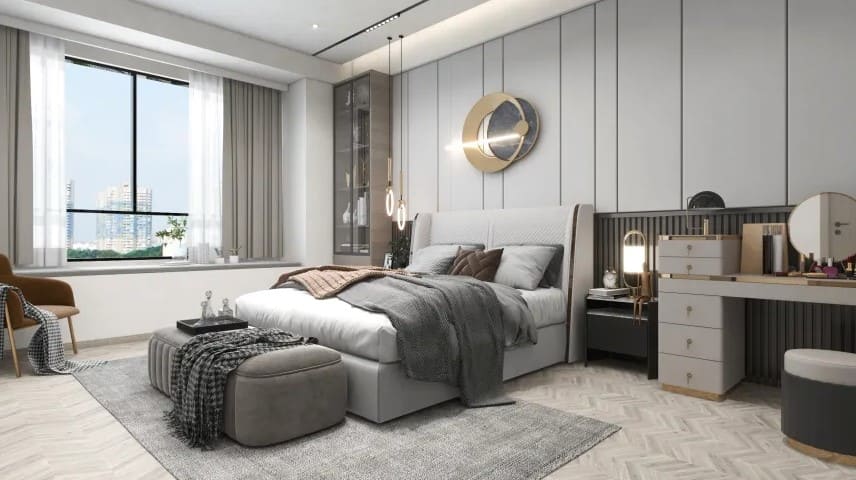 Màu xám đen là một gam màu mạnh mẽ, nó khiến căn phòng ngủ trở nên đủ táo bạo và tinh tế