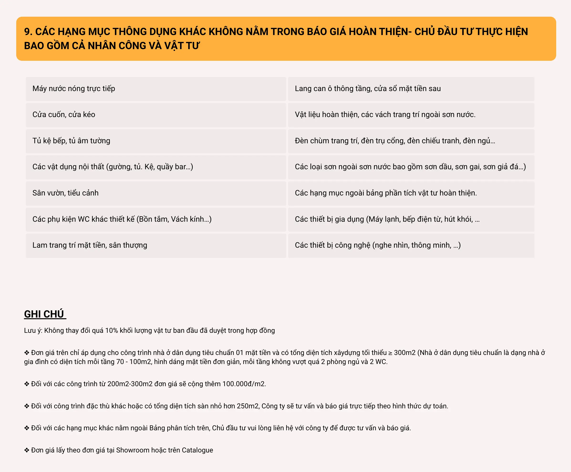Bảng các hạng mục không nằm trong báo giá