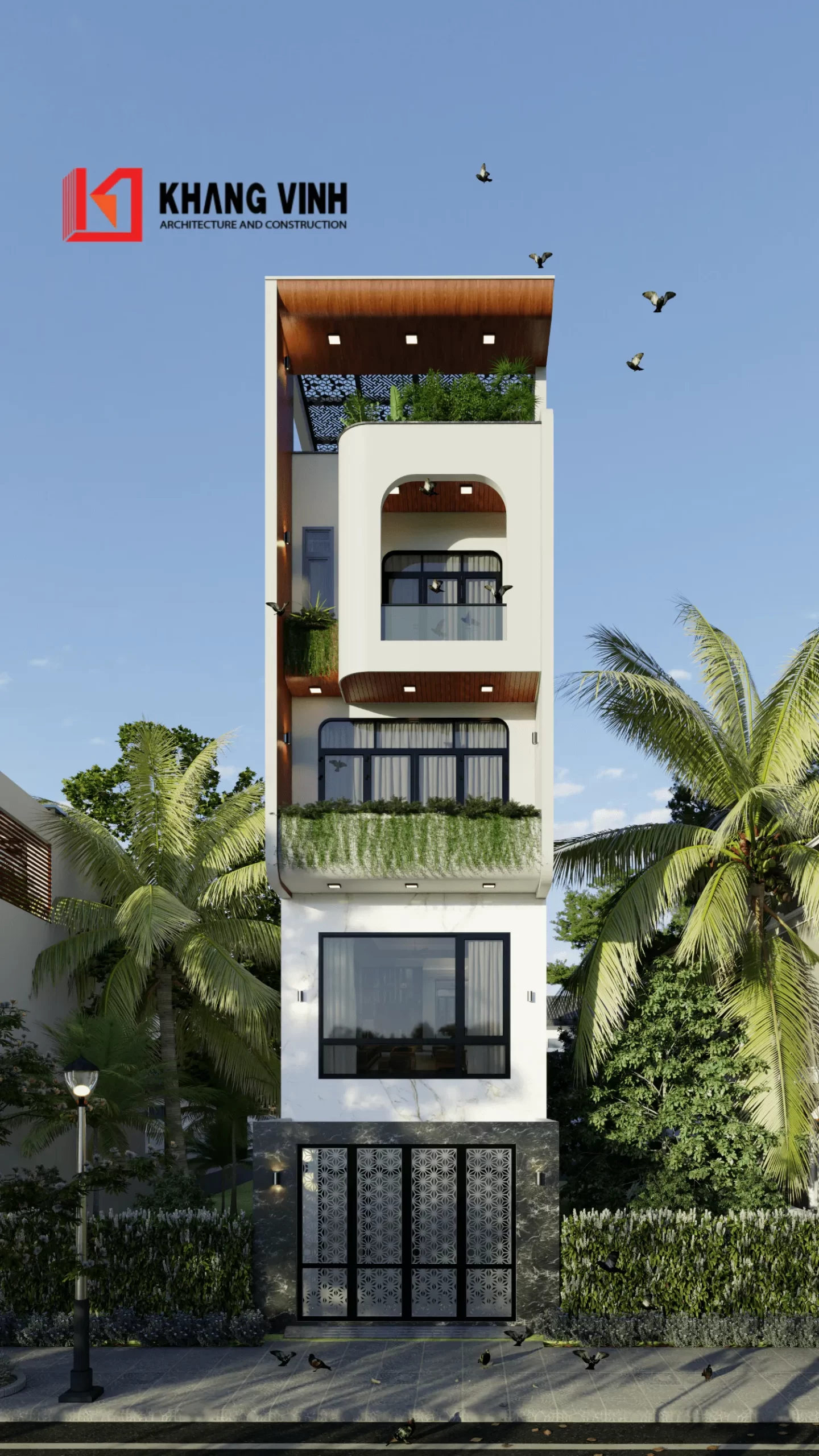 Phối cảnh 3D mặt tiền nhà phố 4 tầng hiện đại 1