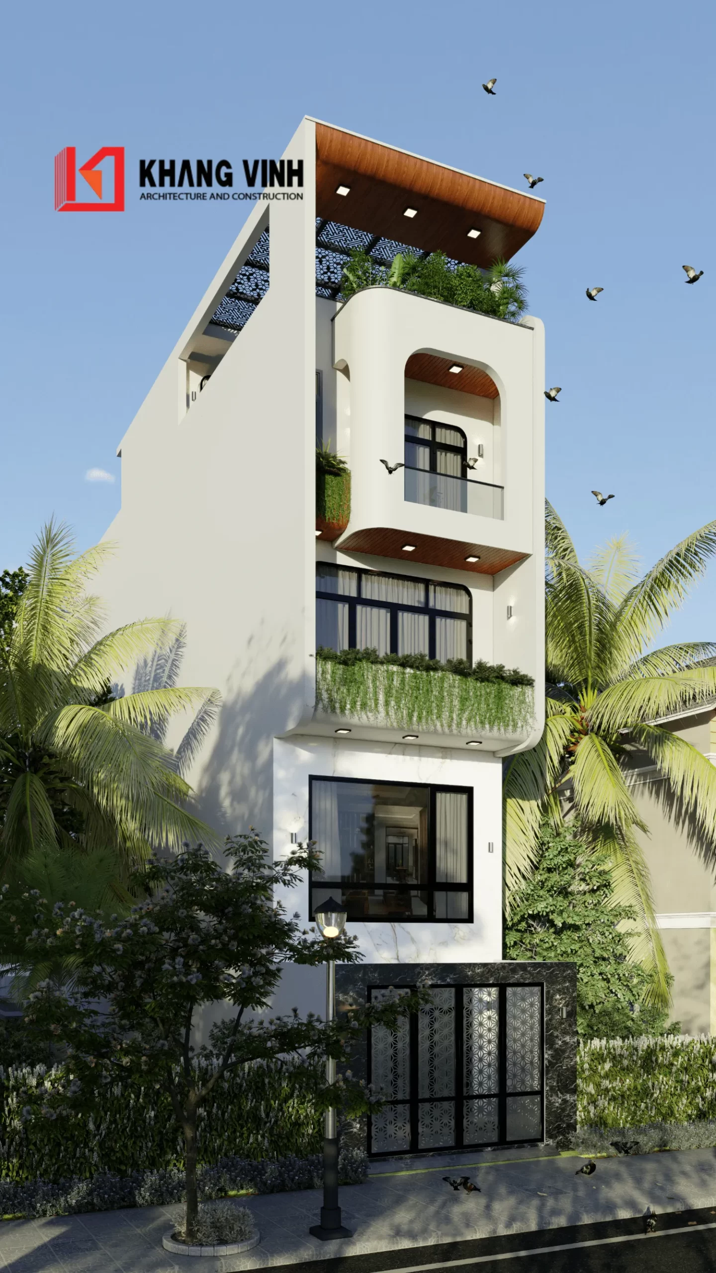 Phối cảnh 3D mặt tiền nhà phố 4 tầng hiện đại 2