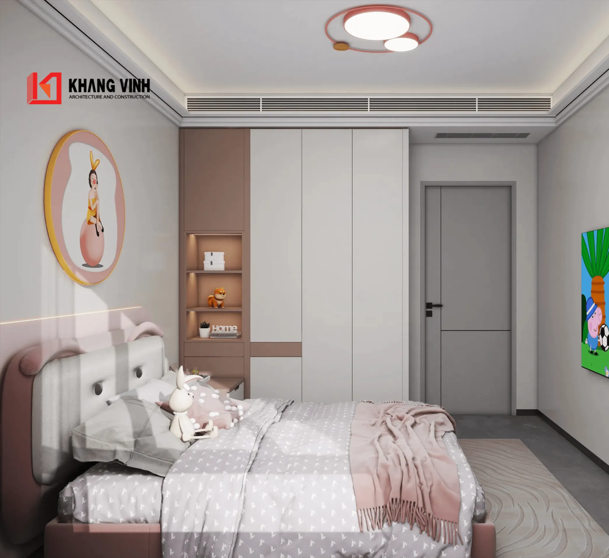 Phối cảnh nội thất phòng ngủ bé gái nhà phố 4 tầng hiện đại1