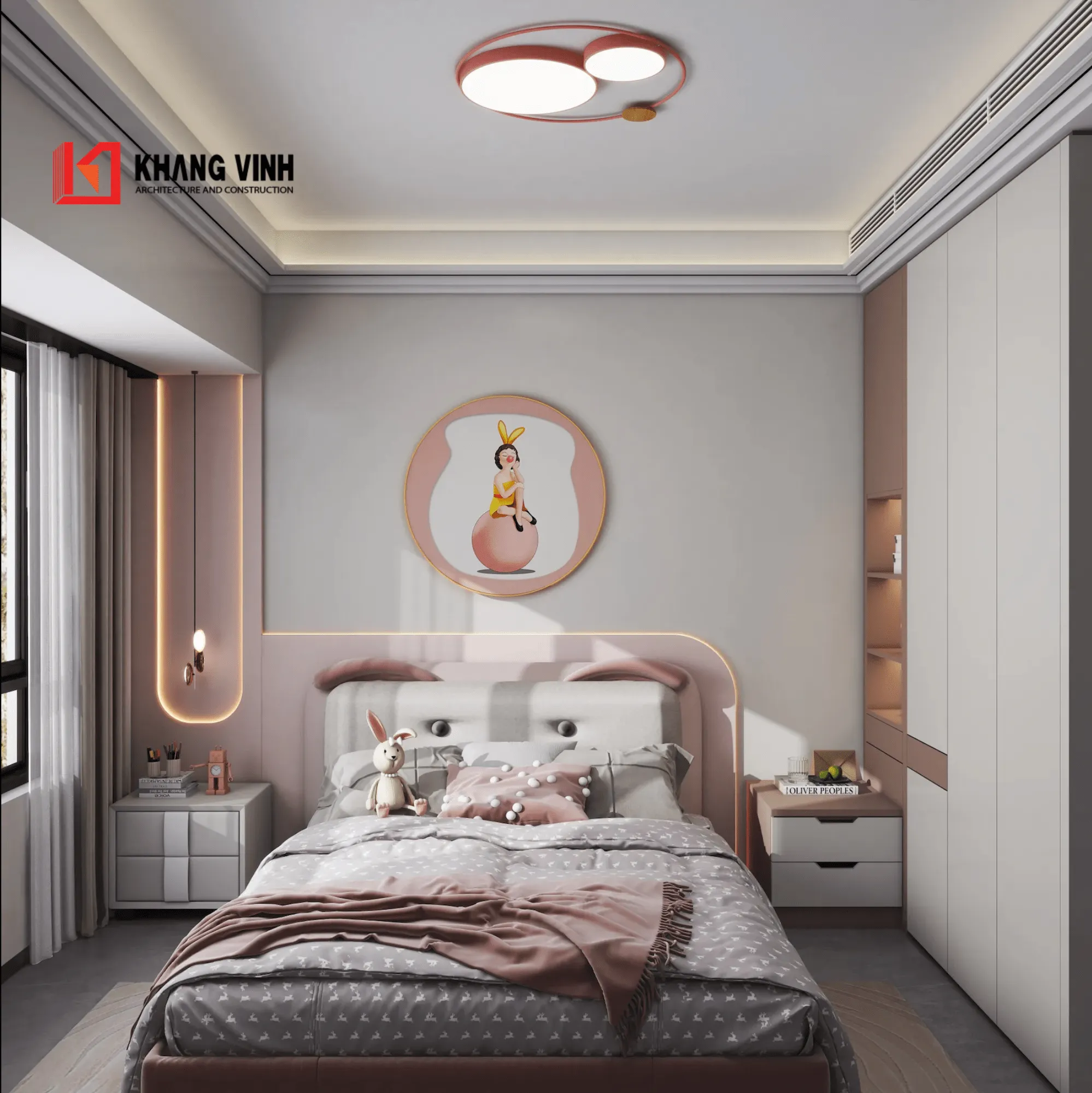 Phối cảnh nội thất phòng ngủ bé gái nhà phố 4 tầng hiện đại2