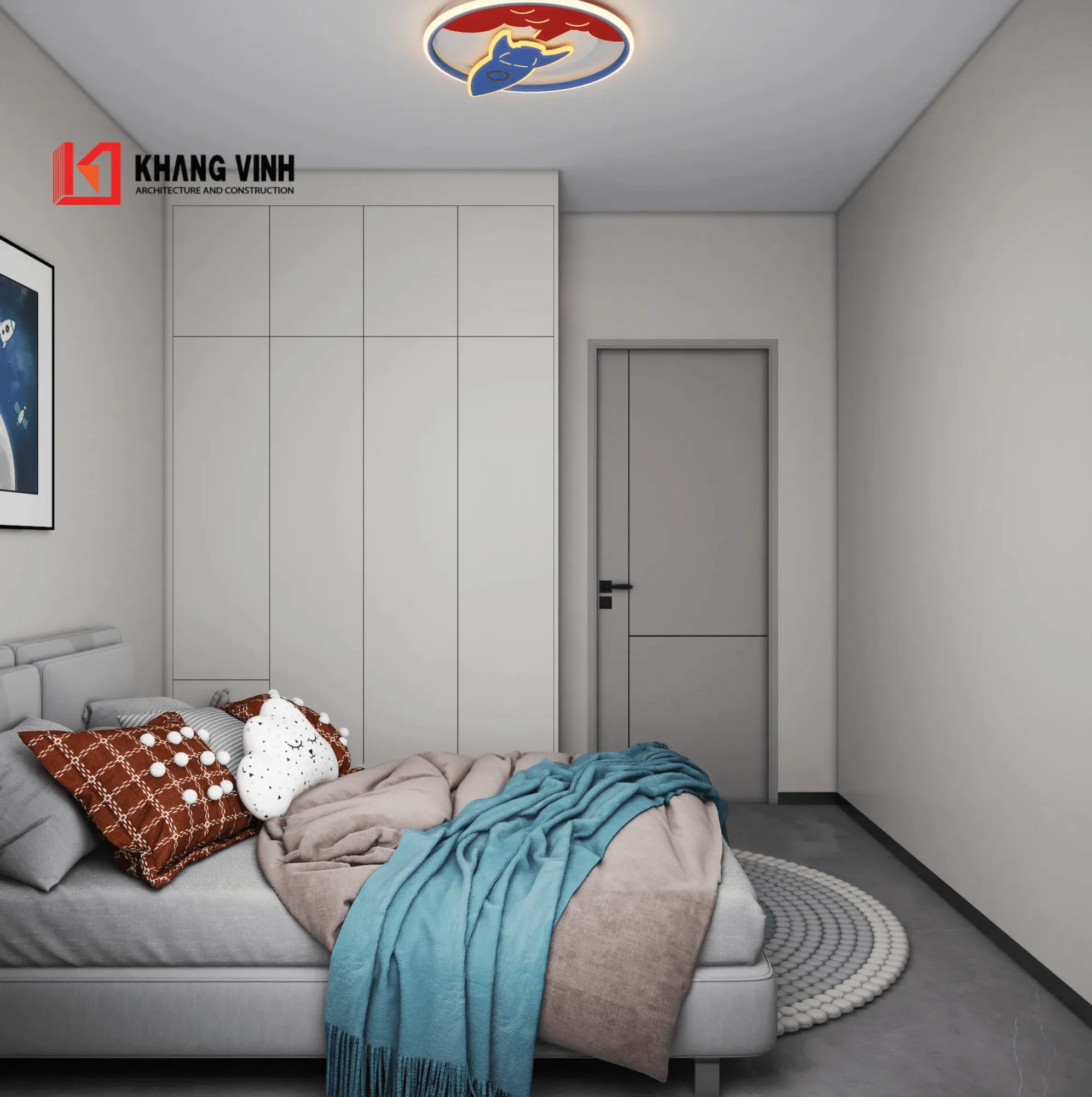 Phối cảnh nội thất phòng ngủ bé trai nhà phố 4 tầng hiện đại2