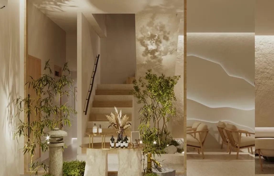 Phòng chờ thư giãn được bao bọc bởi thiên nhiên của mẫu nhà phố kết hợp kinh doanh spa